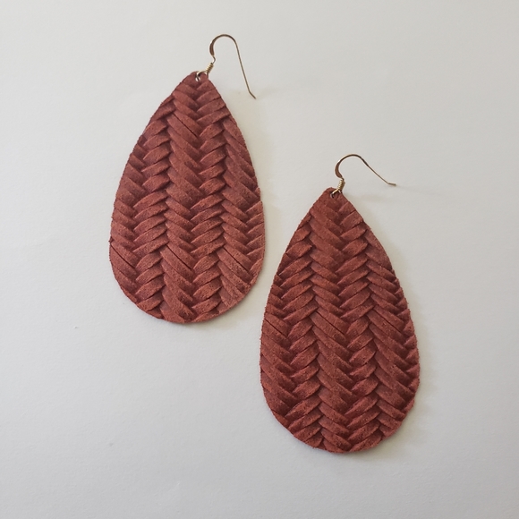Nickel and Suede Large Teardrop Leather Earrings Rust Knit - Picture 4 of 8